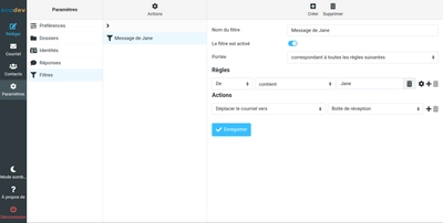 Paramètres de filtres dans le webmail